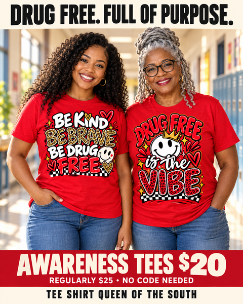 Drug Free Is the Vibe | Red Awareness Tee modeled by younger and older teachers