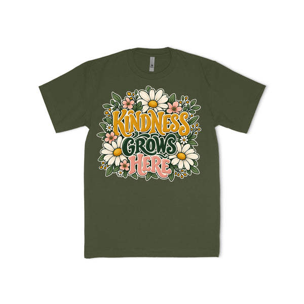 Kindness Grows Here | Floral Kindness Tee — front catalog mockup