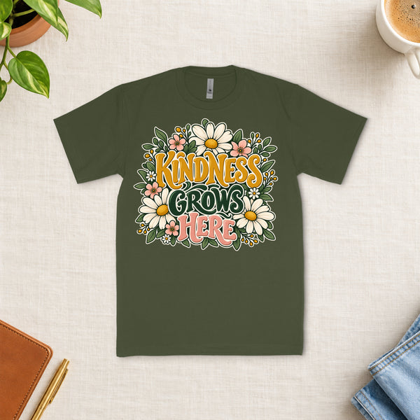 Kindness Grows Here | Floral Kindness Tee — styled flat-lay mockup