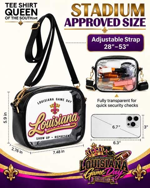 Tee Shirt Queen Louisiana Game Day clear crossbody size guide with cursive Louisiana bag design