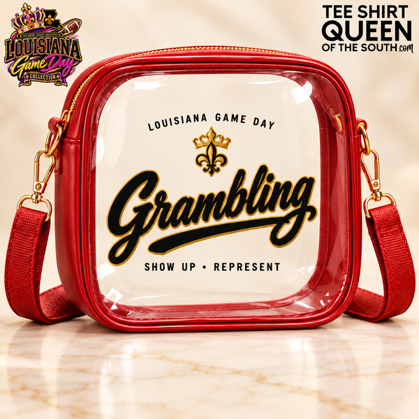 Red Grambling Louisiana Game Day clear crossbody bag with official collection and Tee Shirt Queen logos