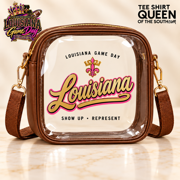Brown Louisiana Game Day clear crossbody bag with official collection and Tee Shirt Queen logos