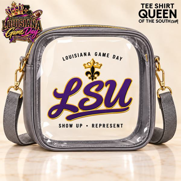 Gray LSU Louisiana Game Day clear crossbody bag with official collection and Tee Shirt Queen logos