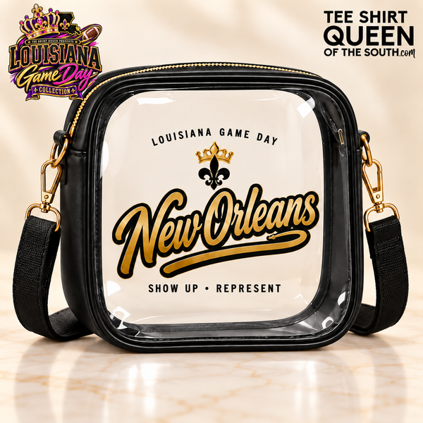 Black New Orleans Louisiana Game Day clear crossbody bag with official collection and Tee Shirt Queen logos