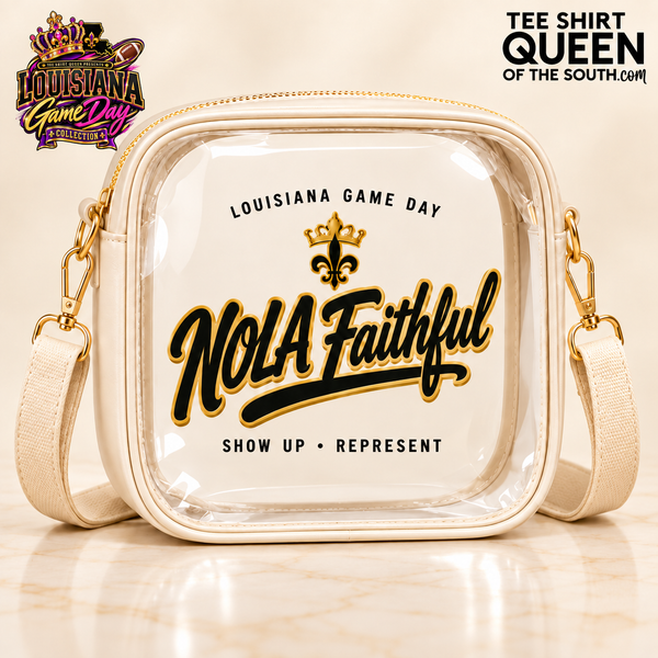 Cream NOLA Faithful Louisiana Game Day clear crossbody bag with official collection and Tee Shirt Queen logos