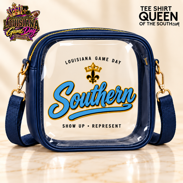 Navy Southern Louisiana Game Day clear crossbody bag with official collection and Tee Shirt Queen logos