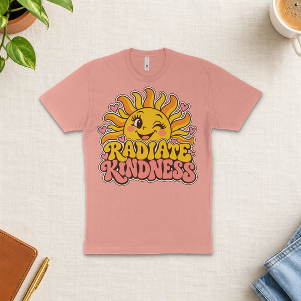 Radiate Kindness | Sunshine Kindness Tee — styled flat-lay mockup