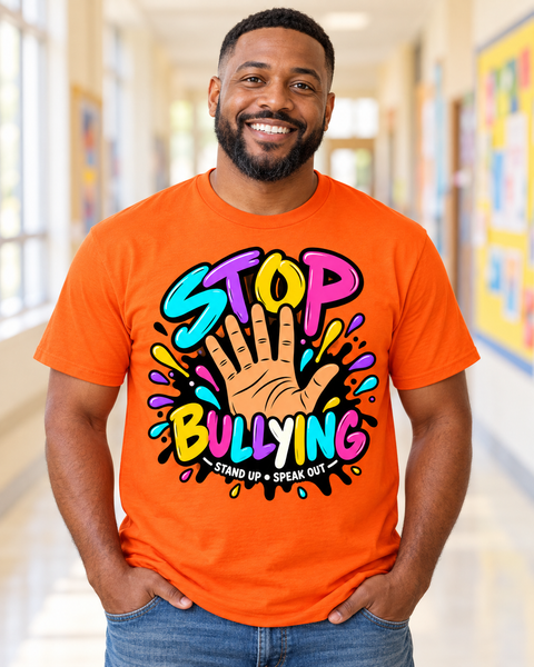 Teacher wearing the orange Stop Bullying tee
