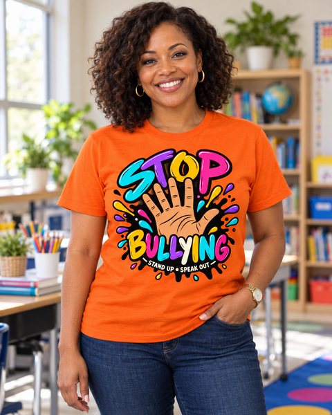 Teacher wearing the Stop Bullying orange tee
